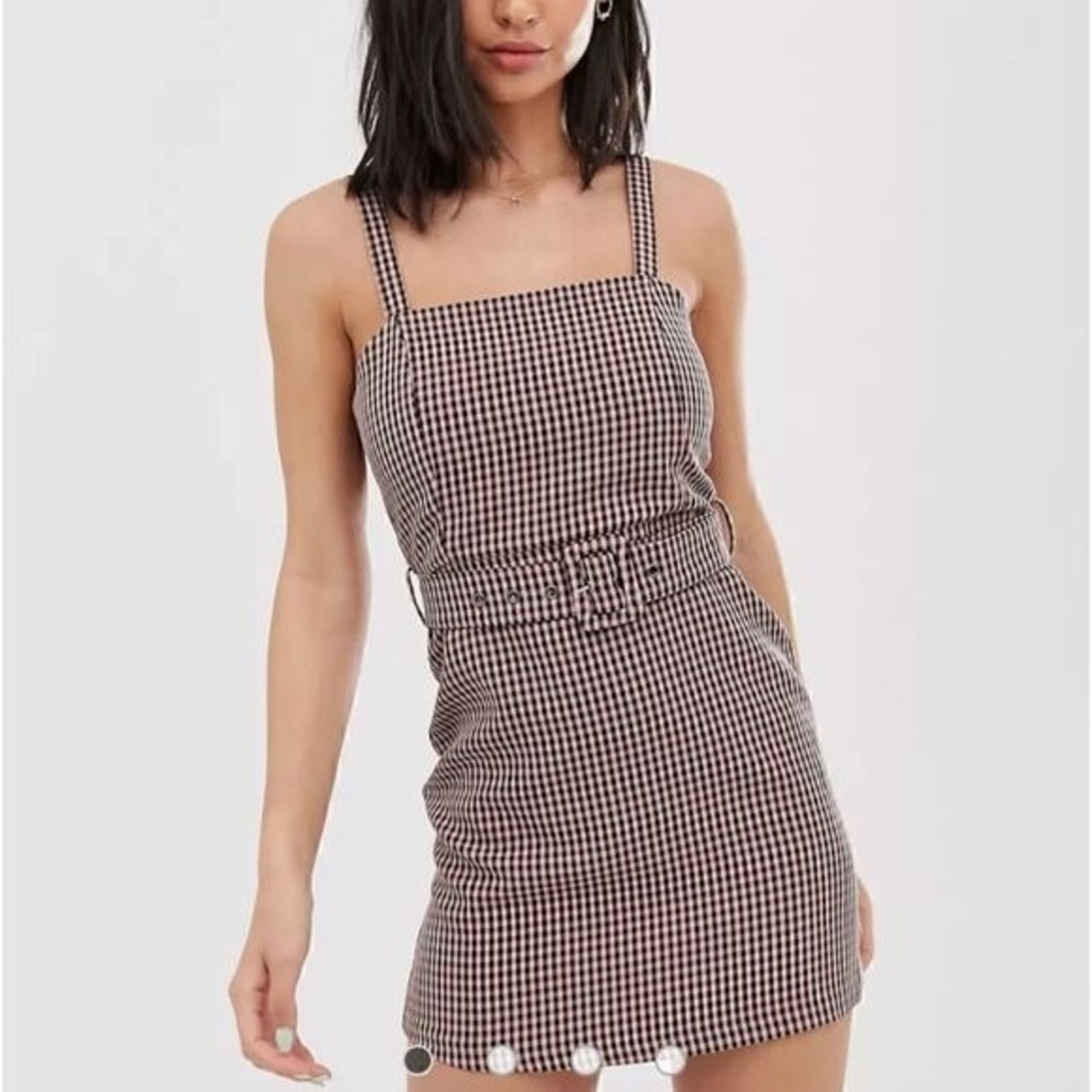 Houndstooth Mini Dress Belted Brown Plaid spaghetti straps Overalls‎ Small
